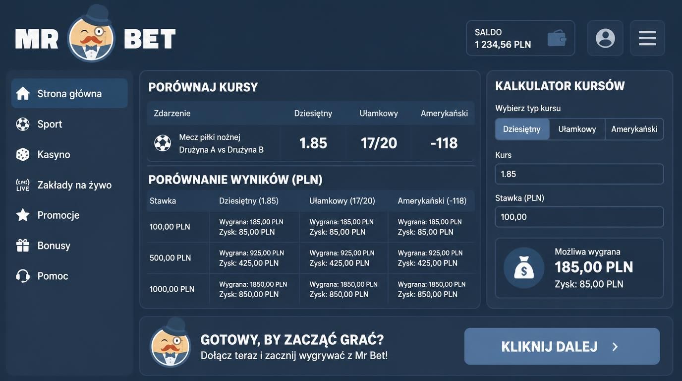 różne typy kursów 2,50 dziesiętny, 3/2 ułamkowy, +150 amerykański i przycisk dalej