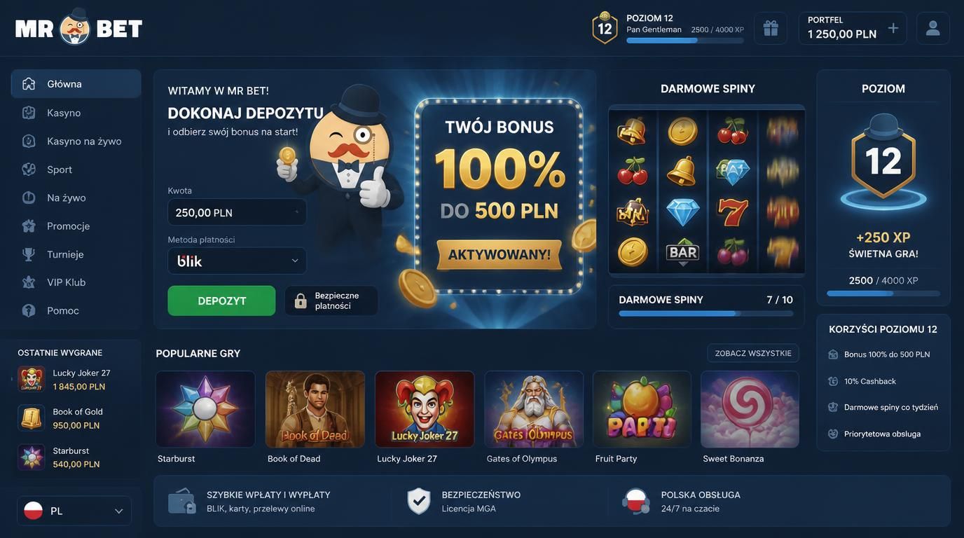 gracz otrzymujący bonus powitalny w Mr Bet z darmowymi spinami i awansem poziomu 