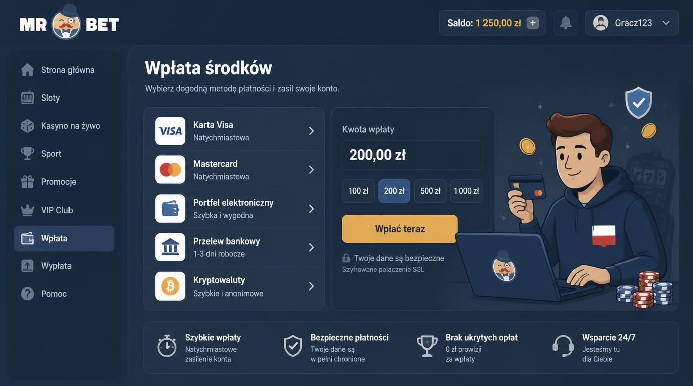 Ikony płatności z Polską: karta, e-portfel, kryptowaluty wraz z graczem