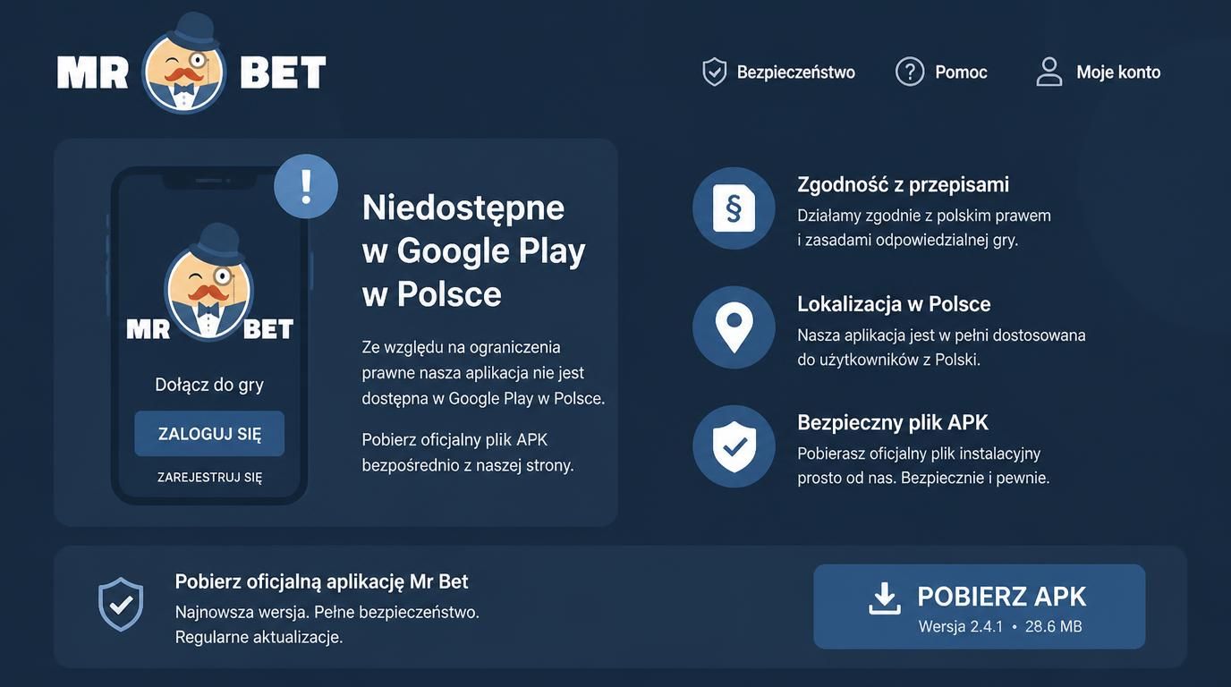 ekran aplikacji Mr Bet z informacją o braku dostępności w sklepie Google Play w Polsce