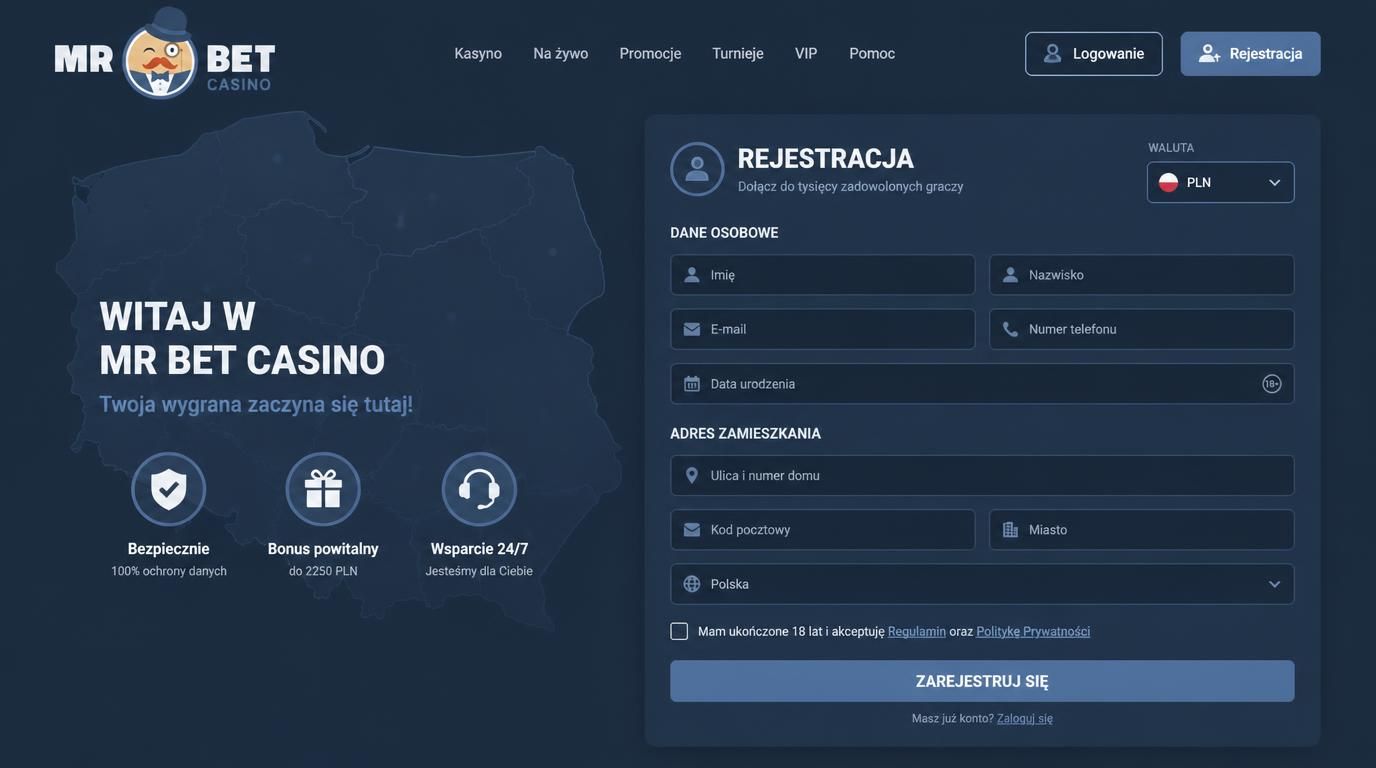 Formularz rejestracji Mr Bet z opcją PLN i polskie dane osobowe