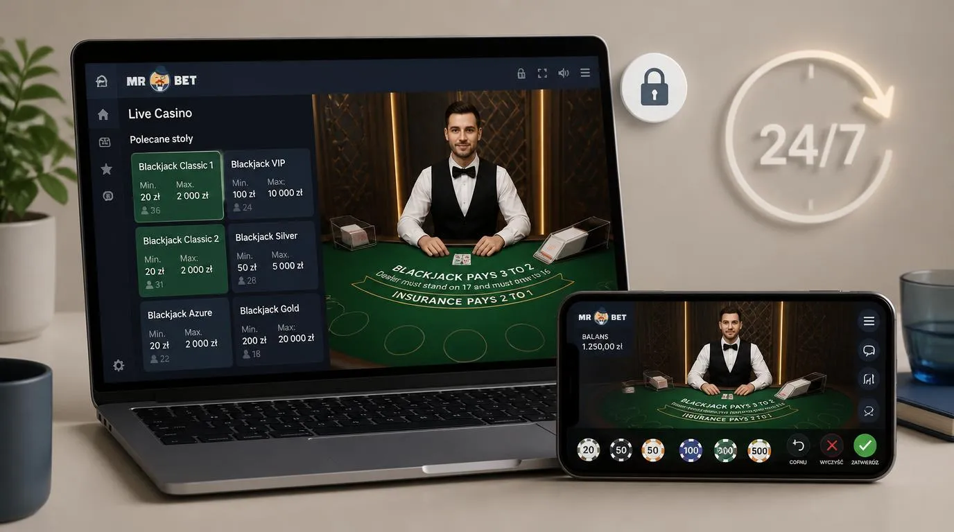 Lobby kasyna na żywo na laptopie i telefonie z krupierem oraz widocznymi limitami zakładów
