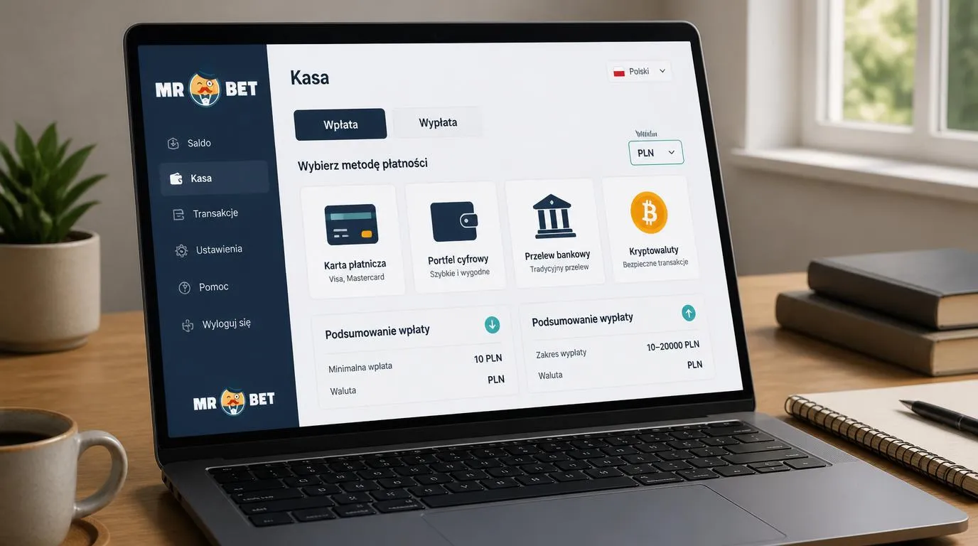 Panel kasy kasyna z saldem w PLN, wyborem karty, portfela elektronicznego i przelewu bankowego