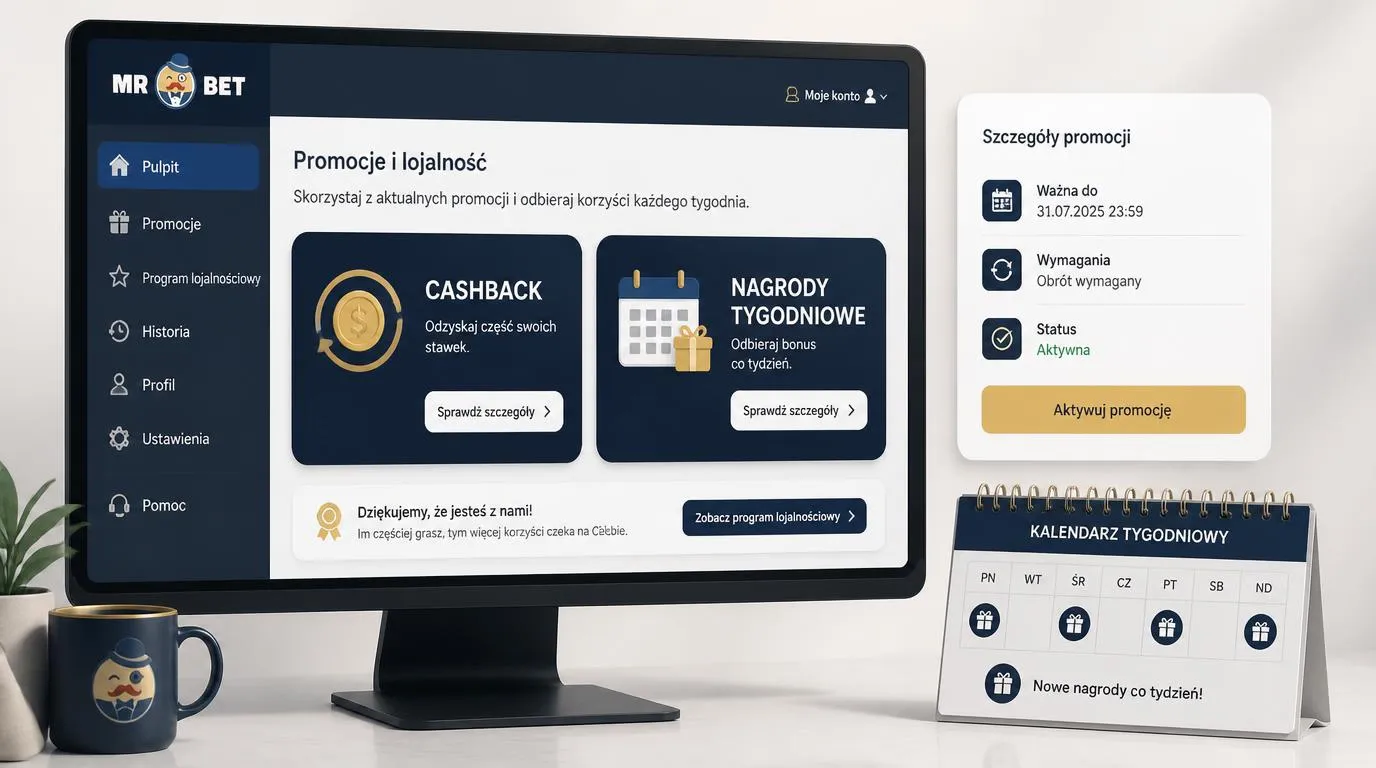 Panel promocji kasyna z kartami cashbacku, cotygodniowych nagród i kalendarzem ofert