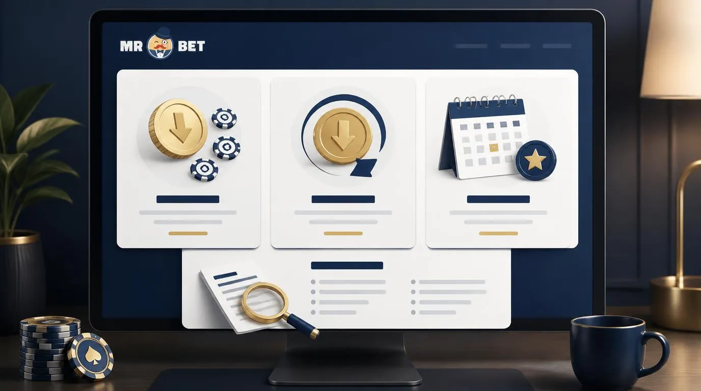 Trzy karty ofert kasynowych z symbolem bonusu powitalnego, cashbacku i tygodniowych punktów
